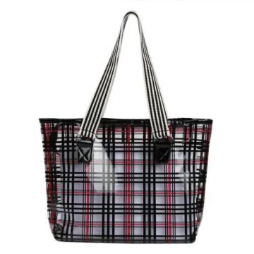 Lady&#039;s Semi-clear Check Pattern Handbag PVC Beach Shoulder Bag &amp; Cosmetic Bag
