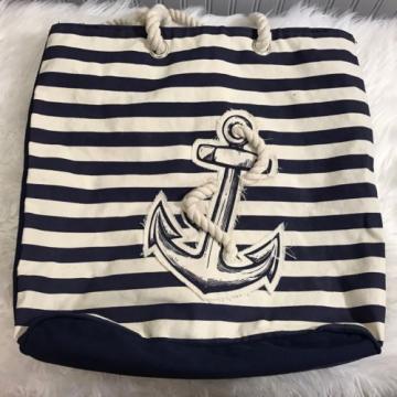 Nautical Anchor Blue and White Striped Canvas Tote Travel Beach Shopping Bag