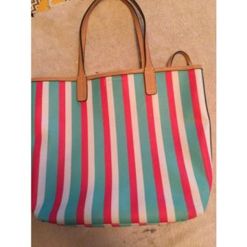 Guess Large Striped Vinyl Tote Beach Bag Travel Weekender With Cosmetic Bag