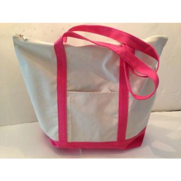 LARGE zippered CANVAS beach cotton natural tote bag pocket HOT PINK  trim NEW