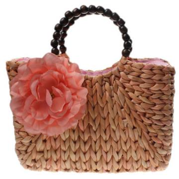 Women&#039;s Handmade Summer Beach Straw Flower Bead Shopping Purse Tote Bag Handbag