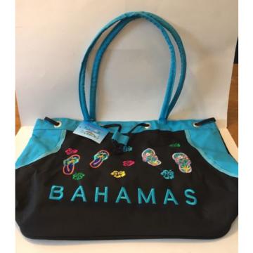 Bahamas Blue &amp; Black FlipFlop Canvas Beach Towel Pool Tote Bag NWT