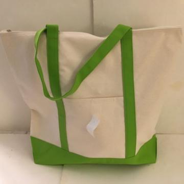 LARGE zippered CANVAS beach cotton natural tote bag pocket LIME GREEN trim NEW