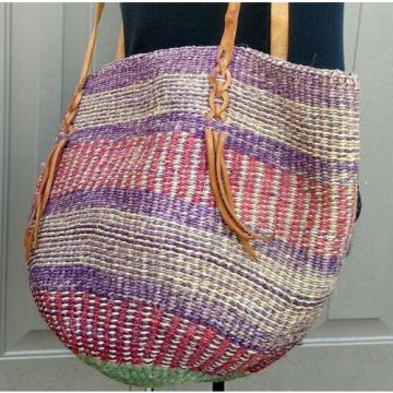 X Large Woven Straw  Bucket Market Beach Bag Purse Leather Straps