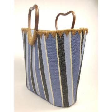Blue Stripe Beach Tote Bag Bamboo Handles Lined Medium Size