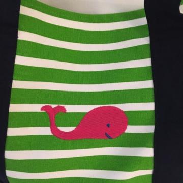 PINK WHALE CANVAS green STRIPED beach cotton natural tote bag EMBROIDERED NEW