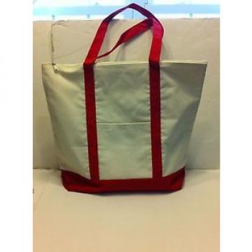 LARGE zippered CANVAS beach cotton natural tote bag pocket RED trim NEW
