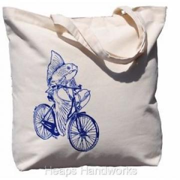 Canvas Tote Bag - Beach Travel Market Nautical Cotton - Blue Fish on Bike - NEW
