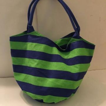 NAVY BLUE GREEN STRIPE CANVAS beach cotton tote bag INSIDE pocket SNAP NEW