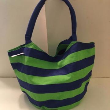 NAVY BLUE GREEN STRIPE CANVAS beach cotton tote bag INSIDE pocket SNAP NEW