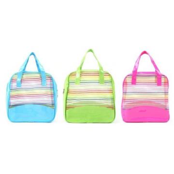 Stripe Mesh Tote Swim Beach Bath Shopping Bag Purse Zipper Handbag Shopper