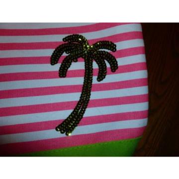 QUACKER FACTORY TOTE BEACH BAG LIME &amp; PINK  STRIPE LIME SEQUINS PALM TREE