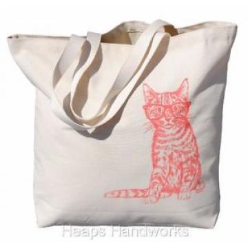 Canvas Tote Bag - Beach Travel Market Cotton Handbag - Pink Cat with Glasses NEW