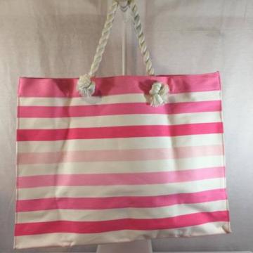 NEW Victoria Secret LARGE Tote Beach Bag Pink White  Striped Rope Handle