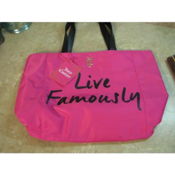 New JUICY COUTURE Hot Pink Satin LIVE FAMOUSLY BEACH TOTE BAG Shopper BLACK TRIM