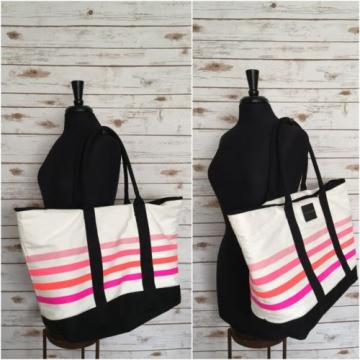 VICTORIAS SECRET Sunkissed Pink White Striped Tote Beach Large Bag