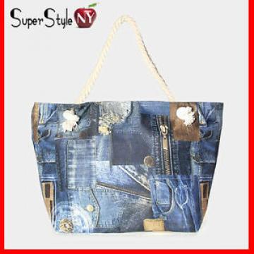 Navy Blue Patch Denim Print Jean Bag Tote Fashion Design Canvsas Beachbag
