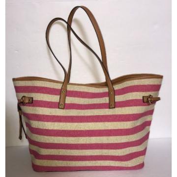 APT 9 Pink and Khaki Striped Linen Summer Beach Bag Shoulder Bag Tote NWOT