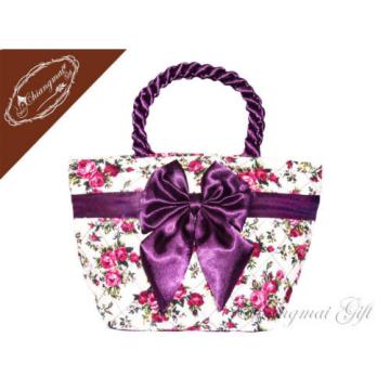 New Beach Bag Zipper Medium Bow Fabric Purple Rose Printed Tote Purse Handbag