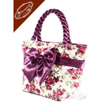 New Beach Bag Zipper Medium Bow Fabric Purple Rose Printed Tote Purse Handbag