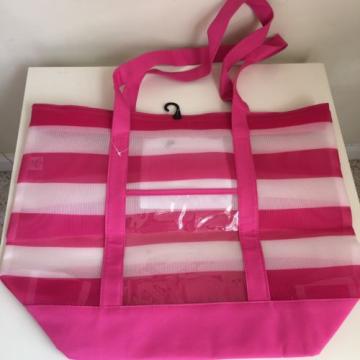 JUMBO BEACH POOL TOTE BAG Clear Striped Plastic Pink