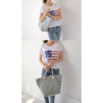 Marine Stripe Canvas Shopper Beach Shoulder Tote Bag Handbag Large Casual Women