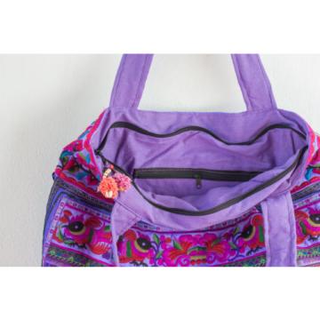 Beautiful Flower Boho Beach Tote Bag Thai Hmong Embroidered Fabric in Purple