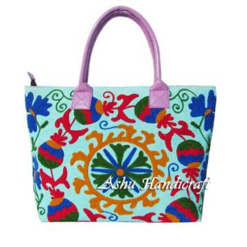 Indian Cotton Suzani Embroidery Handbag Woman Tote Shoulder Bag Beach Boho Bag .
