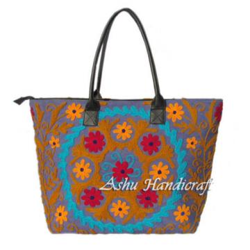 Indian Cotton Tote Suzani Embroidery Handbag Woman Shoulder &amp; Beach Boho Bag s25