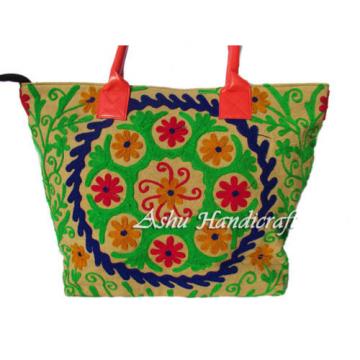 Indian Cotton Tote Suzani Embroidery Handbag Woman Shoulder &amp; Beach Boho Bag s23