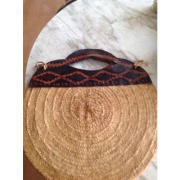 Vintage Hippie Boho Woven Straw Jute Market Tote Beach Bag Thick Leather Straps