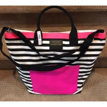 NEW Victorias Secret 2016 Getaway Tote Canvas Hot Pink Black Striped Beach Bag