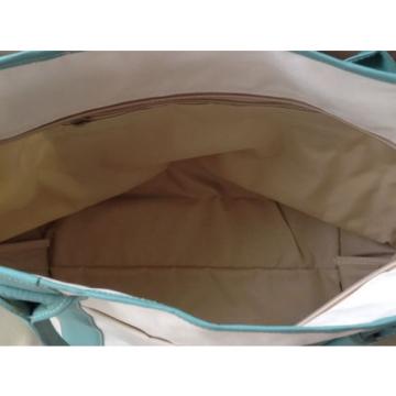 Leather and Coated Canvas Beach Bag / Tote - Turquoise and Cream - 22 in wide