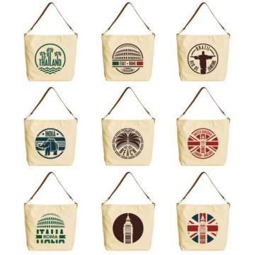 Travel Stickers Set Beige Printed Canvas Tote Bag with Leather Strap WAS_29