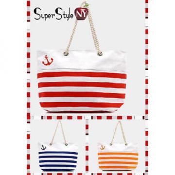 Anchor Striped Canvas Beach Nautical Fashion Tote Bag Beachbag Braided Rope