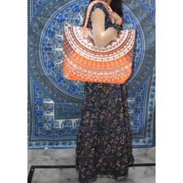 Indian Handmade Mandala Shopping Purse Cotton Beach Bag Large Tote Orange Ombre~