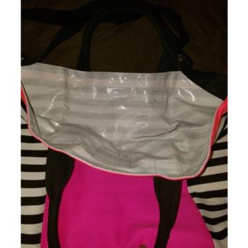 NEW Victorias Secret 2016 Getaway Tote Canvas Hot Pink Black Striped Beach Bag