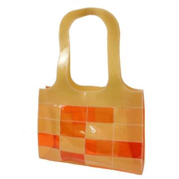 Auth CHANEL Tote Bag Patchwork Vinyl Beige Orange Shoulder Bag Beach Goods