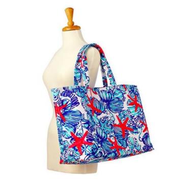 New Lilly Pulitzer SHE SHE SHELLS Starfish Blue Pink X LARGE Palm Beach Tote Bag