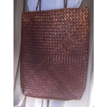 dark brown herringbone weave straw cotton lined long tote beach pool bag