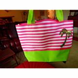 QUACK FACTORY BEACH BAG OR PURSE PINK &amp; WHITE STRIPE SEQUINED PALM TREE