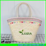 LDMX-060 girl woven straw casual beach tote shoulder handbag with lace and pom poms