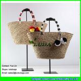 LDSC-017 2017 new design handbag cotton pom poms beach tote seagrass straw bags
