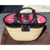 Coach Black Leather Straw Pink Butterfly Bucket Bag 6270 RARE Flower Wristlet