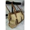 CHAPS Woven Straw Jute Satchel Handbag Purse CAMEL Brown Leather Shoulder Bag