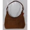Womens FOSSIL Wooden Key Brown Woven Purse Straw Leather Trim Bucket Bag Boho