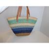 STRAW KENYA SISAL TOTE MARKET BAG BLUE ~ GREEN ~ NATURAL with LEATHER STRAPS