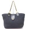 AUTHENTIC CHANEL Straw Weaved Chain Tote Bag Navy #1 small image