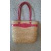 NWOT Large Straw Beach Bag Tote With Magenta Faux Leather Handles