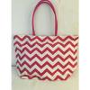 LARGE BEACH STRAW tote bag lined PINK WHITE chevron stripe pocket  NEW TAGS #1 small image